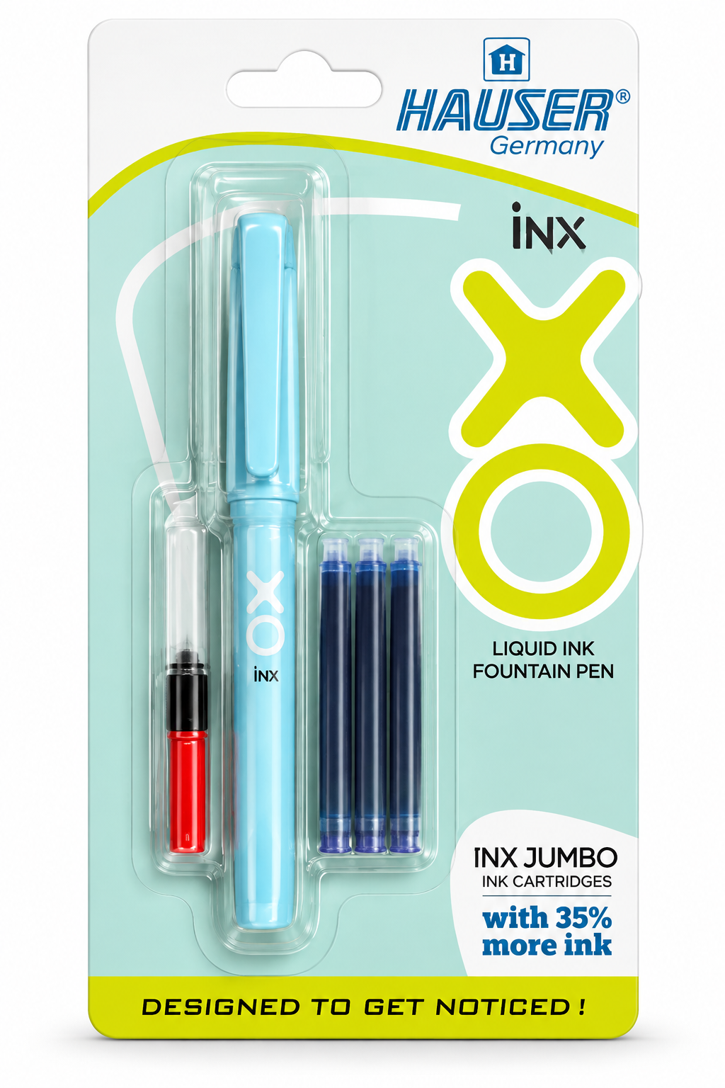 Hauser INX liquid fountain pen set in its original blister card packaging, featuring a light blue jumbo pen, a red ink cartridge, and three blue ink cartridges.