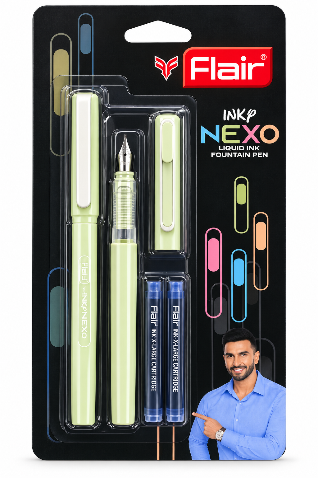 Flair Nexo Liquid Ink Fountain Pen set in blister packaging, featuring a light green rollerball pen, a pen with a silver nib, two blue ink cartridges, and a model photo on the card.