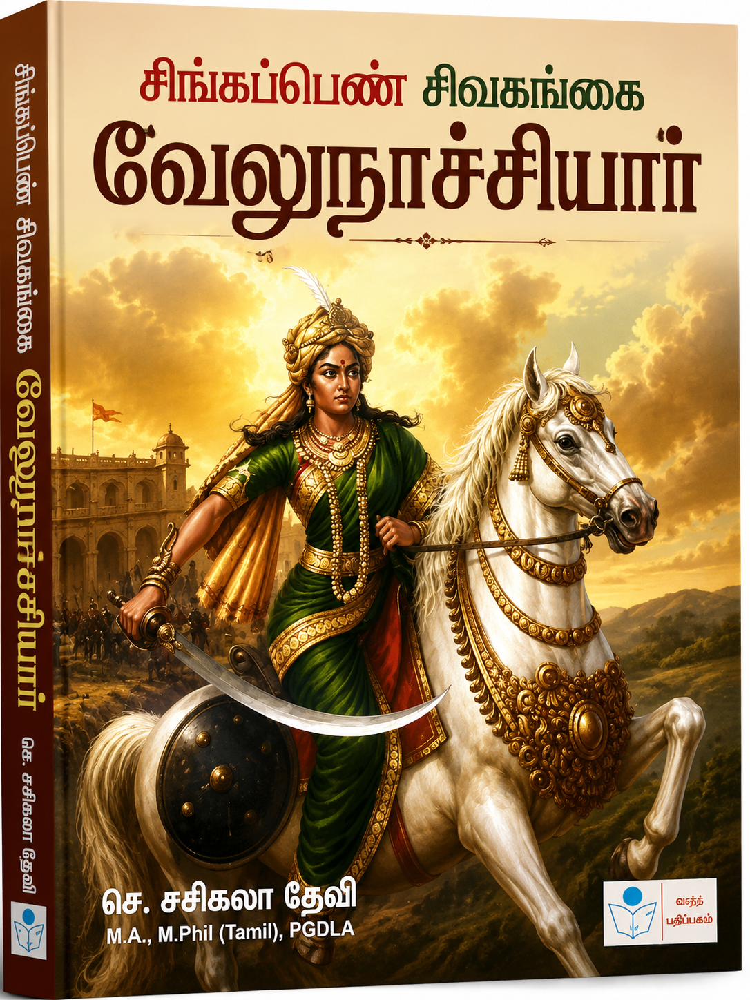 A Tamil book cover titled 'சீங்கப்பிணை சிவகமை' featuring an illustrated scene of a woman in green and gold attire riding a white horse with a sword, set against a golden sky and landscape. The spine is visible on the left, and publisher logos appear at the bottom right.
