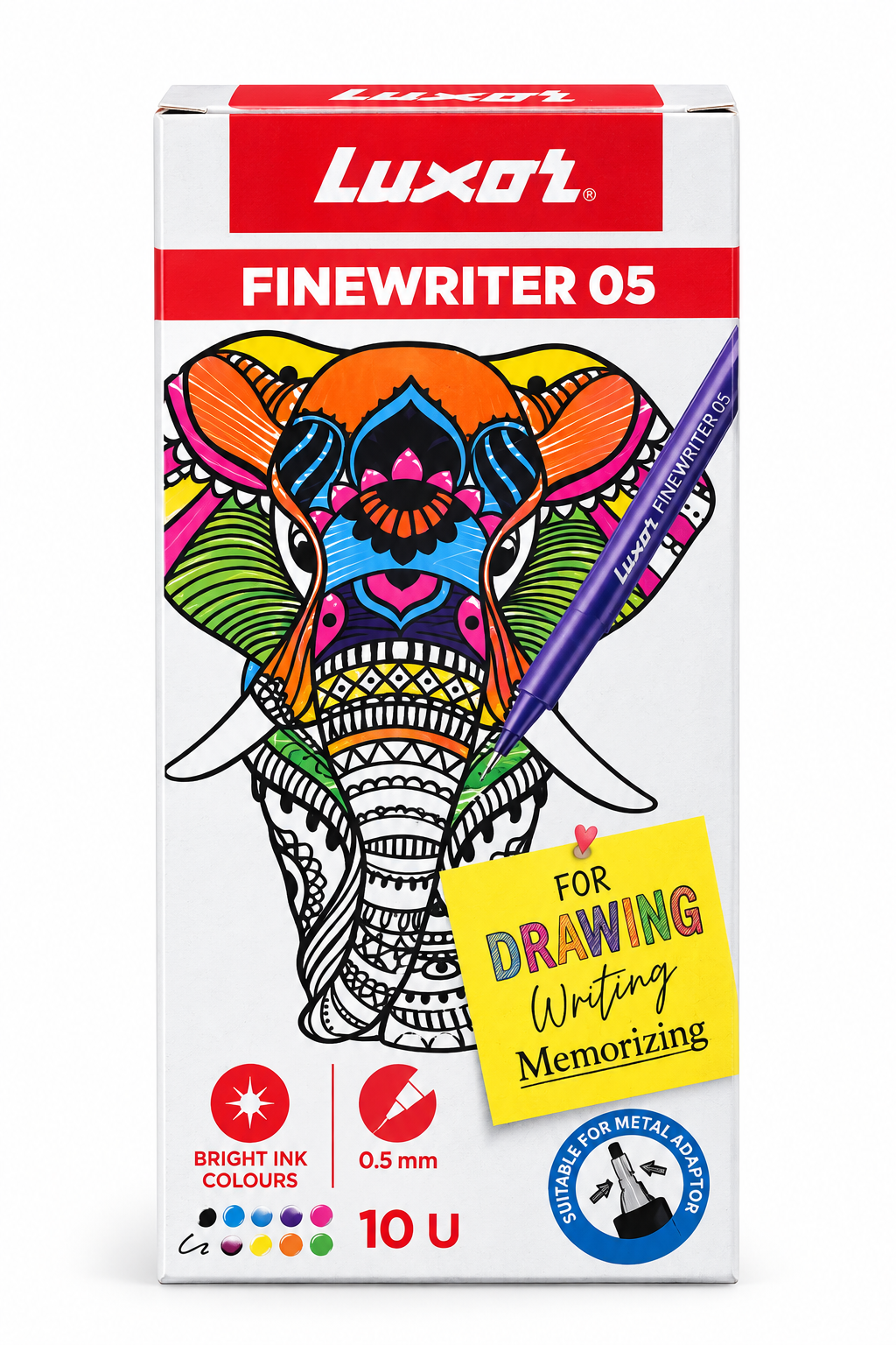 A box of Luxot Finewriter 05 drawing pens, featuring a colorful illustrated elephant on the front, a purple pen shown diagonally, and a yellow sticker that reads 'For Drawing Writing Memorizing'.