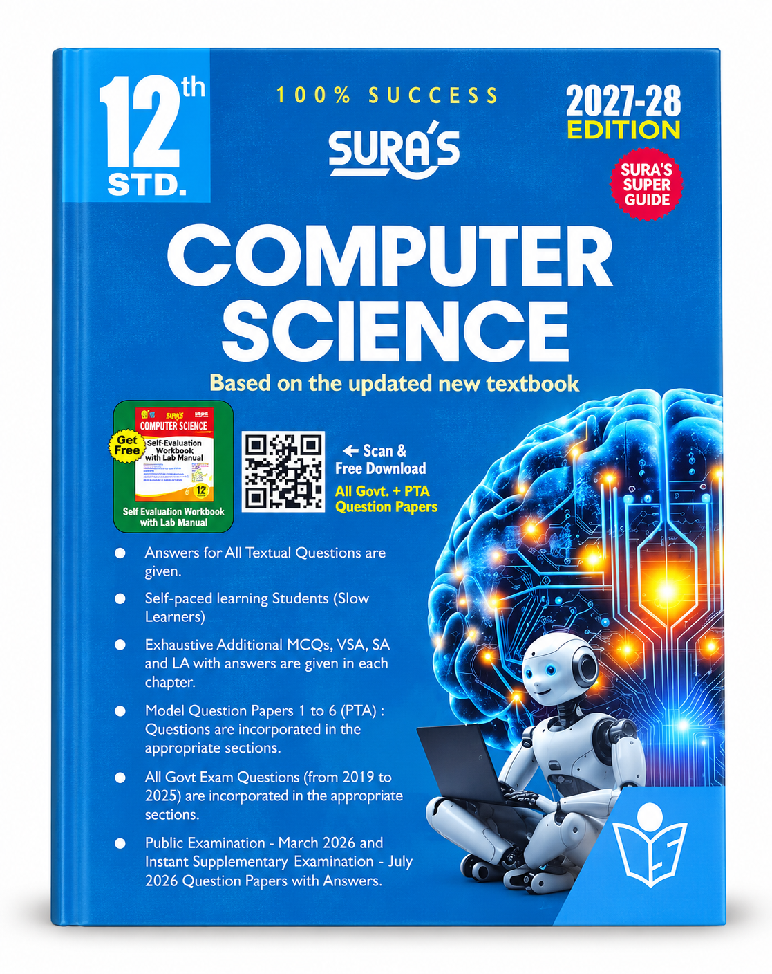 Sura's 12th Std Computer Science 2027-28 Edition textbook cover, featuring a bright blue background with white text, a glowing brain circuit graphic, and a small robot illustration.