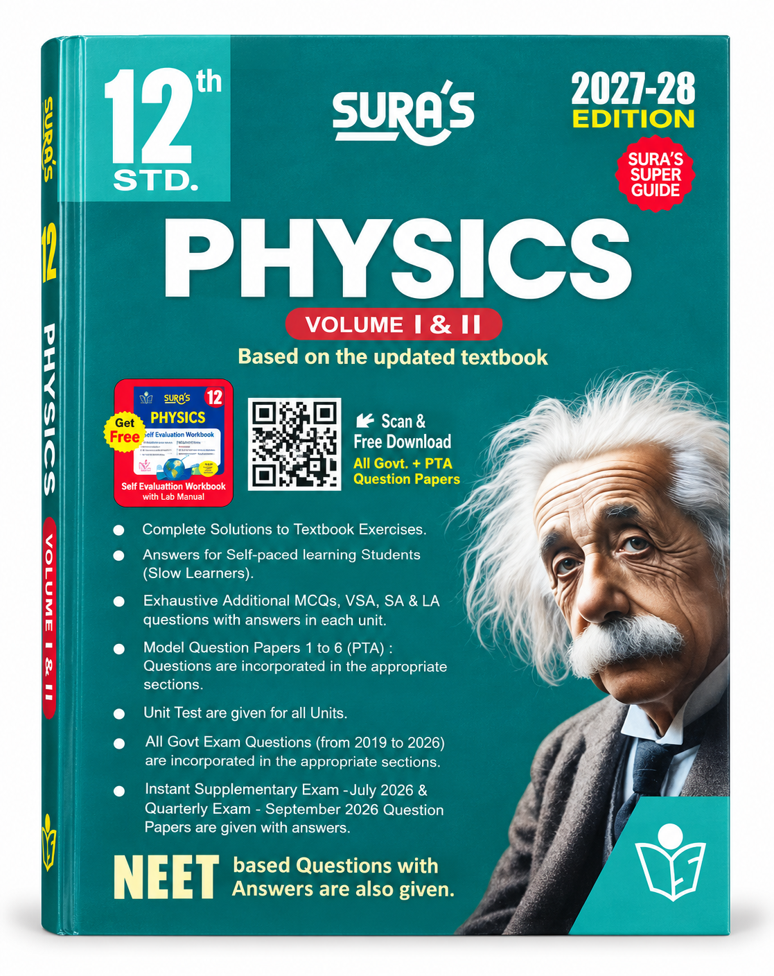 Sura's 12th Std Physics Volume I & II 2027-28 Edition textbook cover, featuring a teal background, white and red text, and a portrait of Albert Einstein on the front cover.