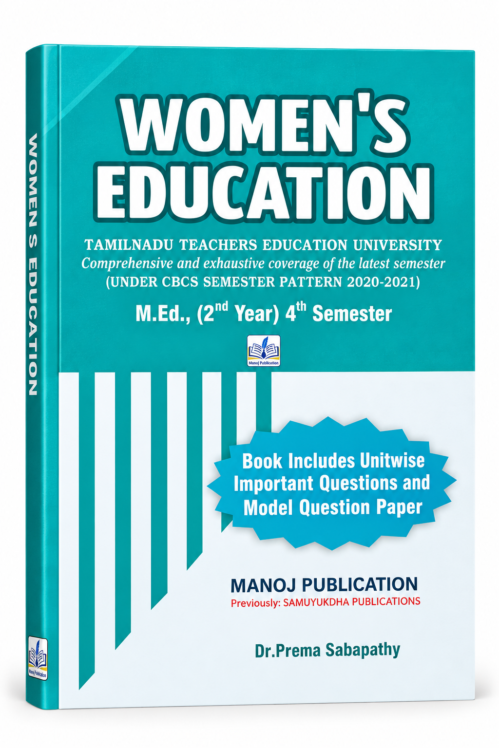 A 3D book cover mockup for 'Women's Education' by Dr. Prema Sabapathy, published by Manoj Publication.