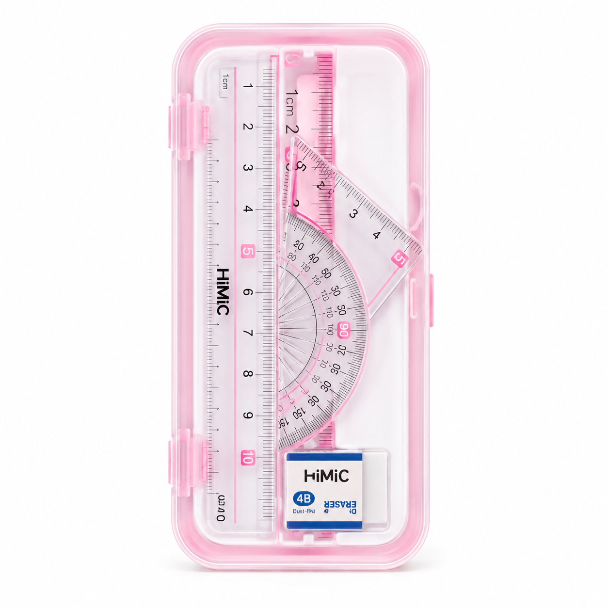 Pink plastic case containing a pink and clear set of HiMIC drawing tools, including a ruler, protractor, compass, and eraser, on a white background.