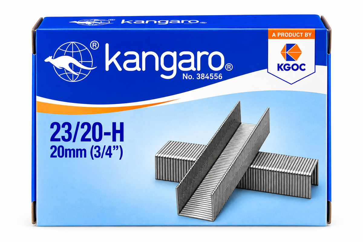 A box of Kangaro 23/20-H 20mm (3/4") steel paperclips on a white background. The packaging is blue and white with an illustration of the steel clips.
