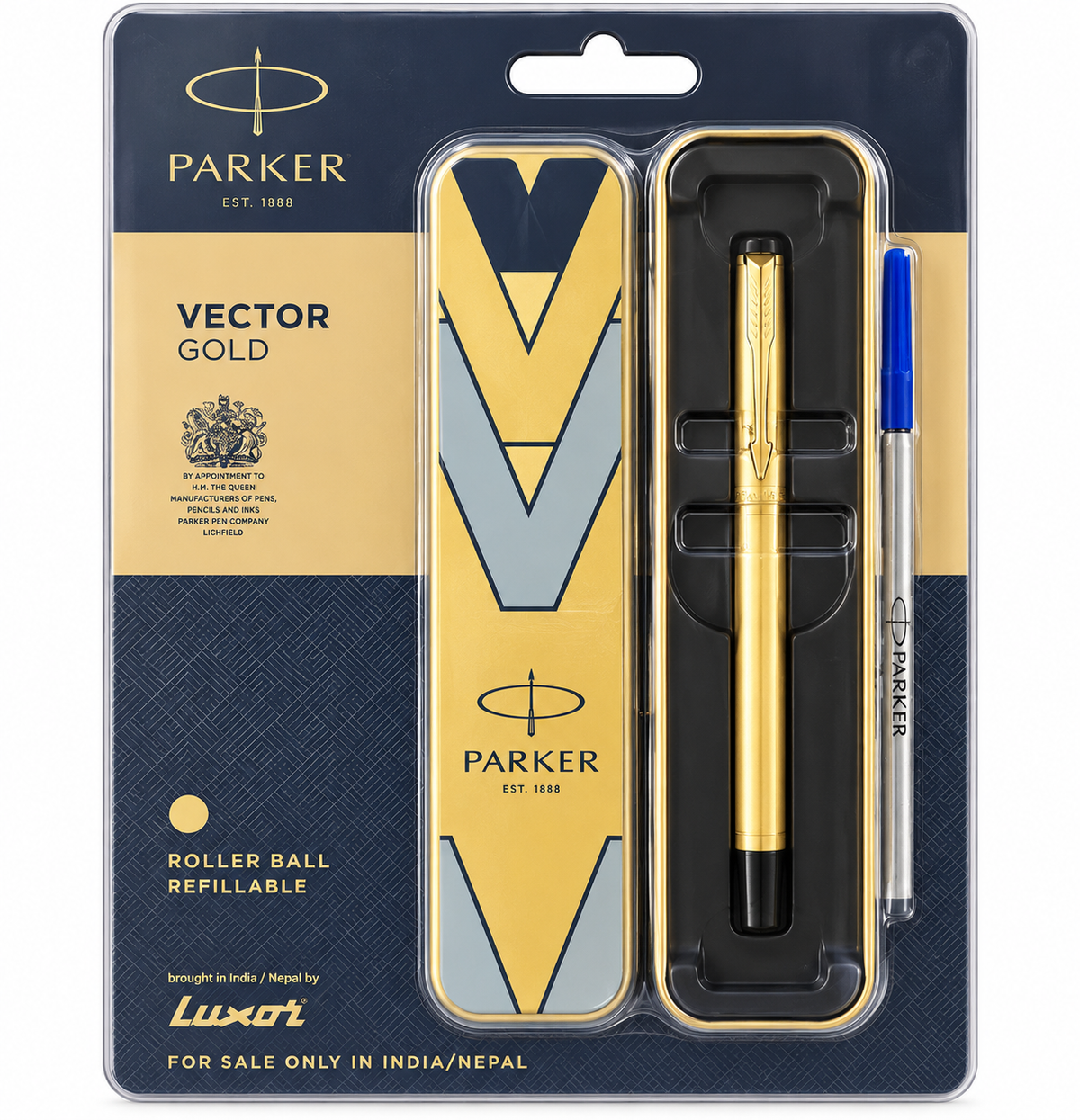 Parker Vector Gold roller ball refillable pen set in its original blister packaging, featuring a gold pen, matching gold and blue pen case, and a blue ink cartridge.