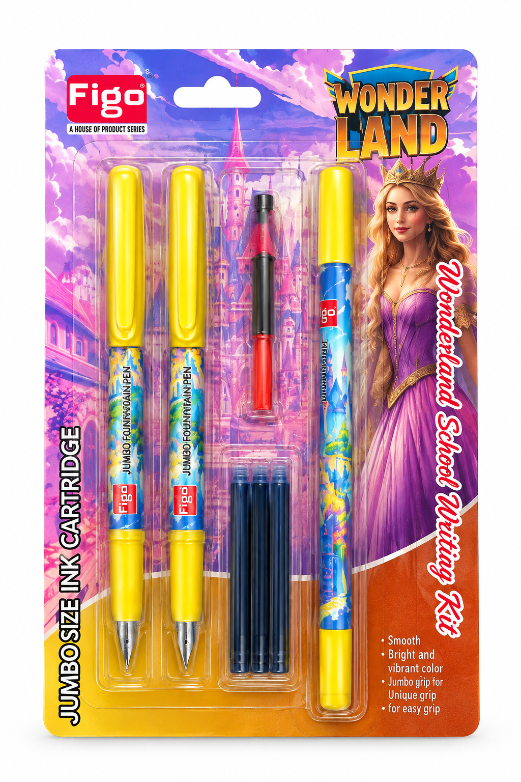 Figo Wonder Land Jumbo Size Ink Cartridge Set in retail blister packaging, featuring three yellow pens with colorful printed designs, a red and black pen, two black ink cartridges, and a yellow rollerball pen, all on a printed backing card with Wonder Land artwork.