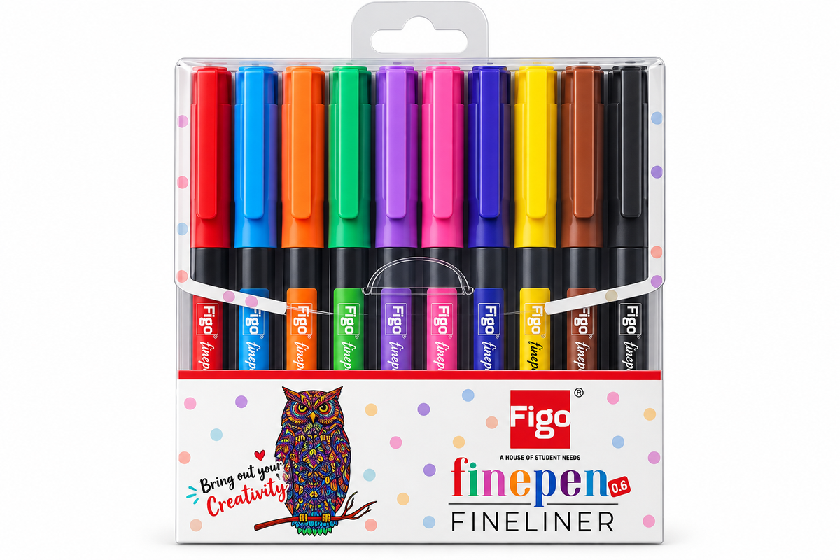 Figo Finepen 48 Fineliner pen set in a clear plastic clamshell package with a white cardboard insert. The set contains 12 different colored pens in red, blue, orange, green, purple, pink, yellow, brown, black, and white, with the Figo brand and 'finepen 48' text clearly visible.