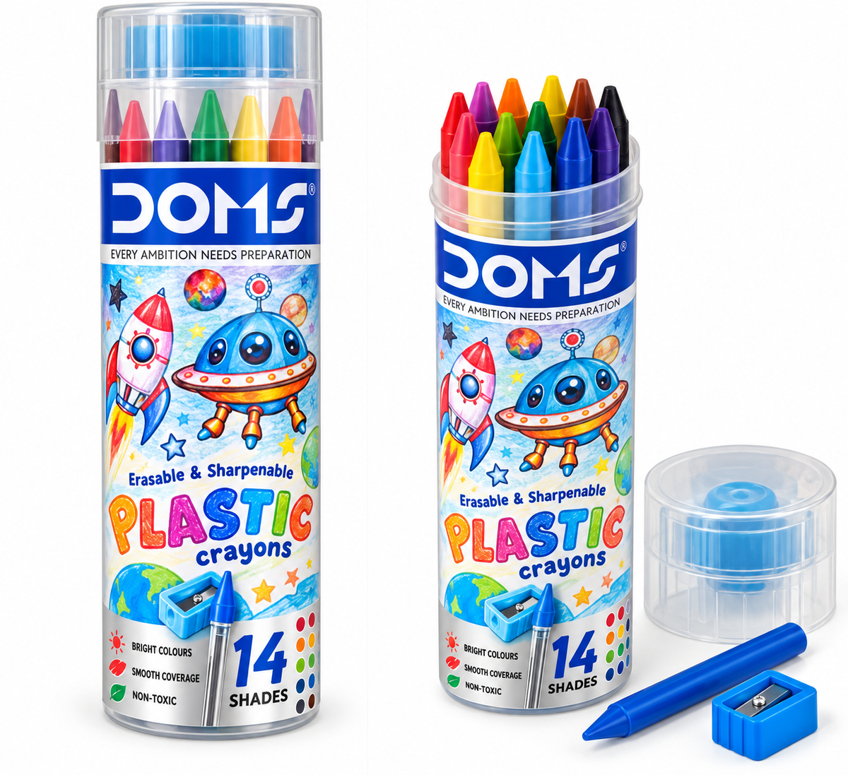 Two clear plastic tubes of Doms plastic crayons with colorful crayons inside, shown on a white background with a blue pencil and a blue sharpener.