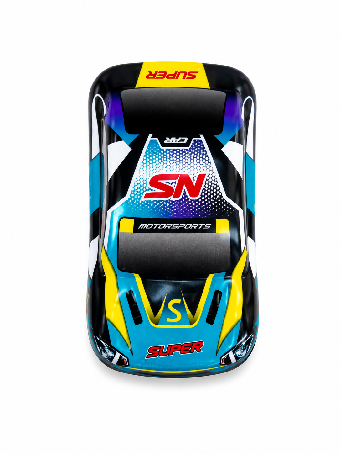 A toy model race car shown from a top-down view on a white background. The car features a vibrant livery with light blue, black, yellow, and white graphics, including 'SN MOTORSPORTS' and 'SUPER' logos.