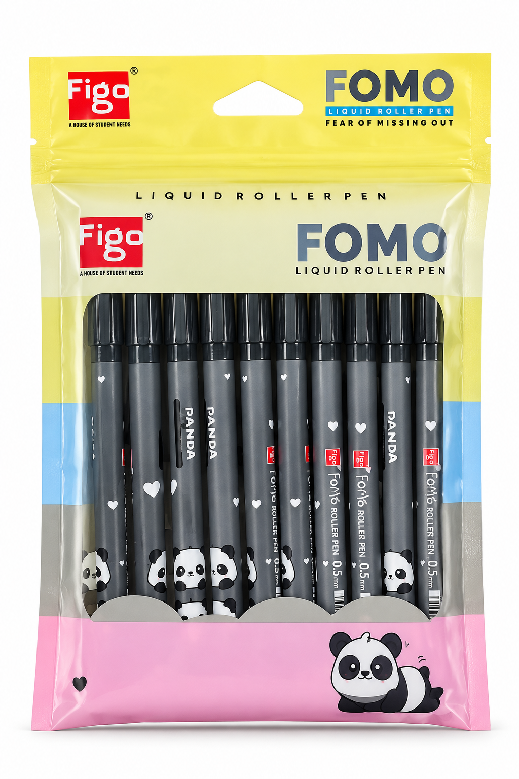 A 10-pack of Figo Fomo Liquid Roller pens in a clear plastic blister pack with a yellow, white, and pink cartoon-themed backing card featuring panda illustrations.
