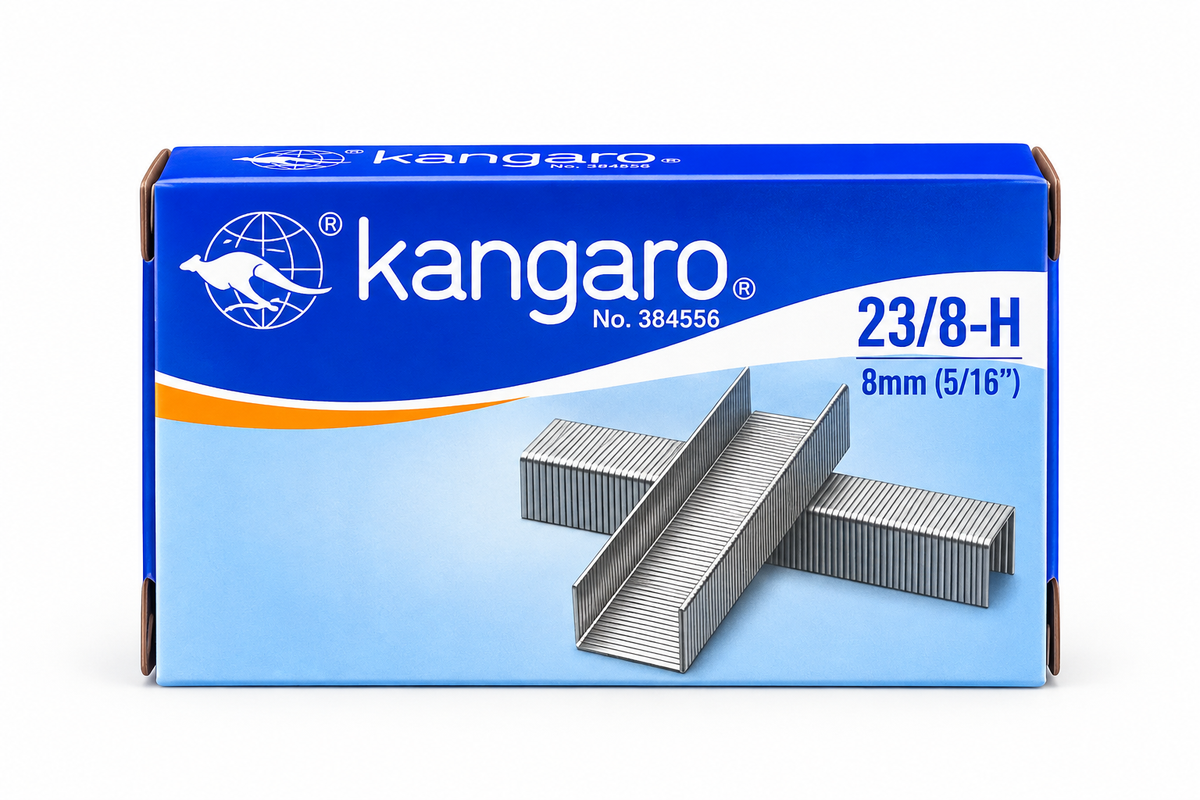 A box of kangaro 23/8-H 8mm (5/16") metal paperclip fasteners, featuring a blue and light blue packaging design with the kangaroo logo.