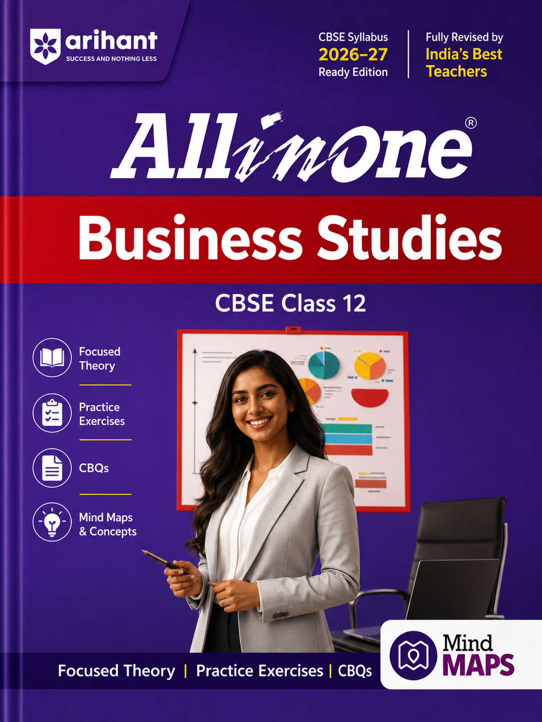 Book titled 'All in One Business Studies CBSE Class 12' by Arihant with a purple cover and text about CBSE syllabus.