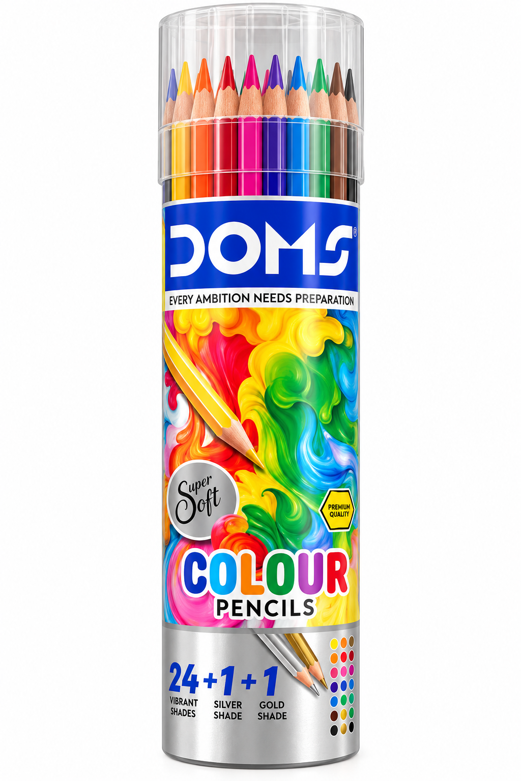 A 24-piece set of Doms Colour Pencils in a clear plastic cylinder case, featuring a vibrant multicolor label and a top row of colored pencil tips.