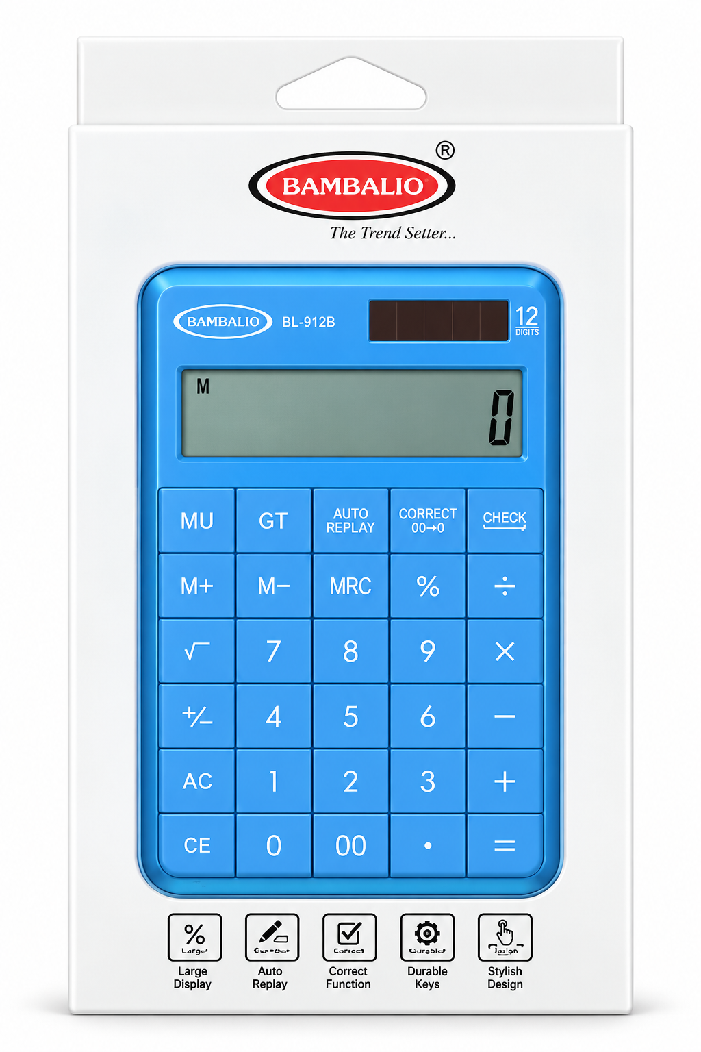Bambalio BL-912B pocket calculator in blue, shown in its original white retail packaging with a hanging tab.