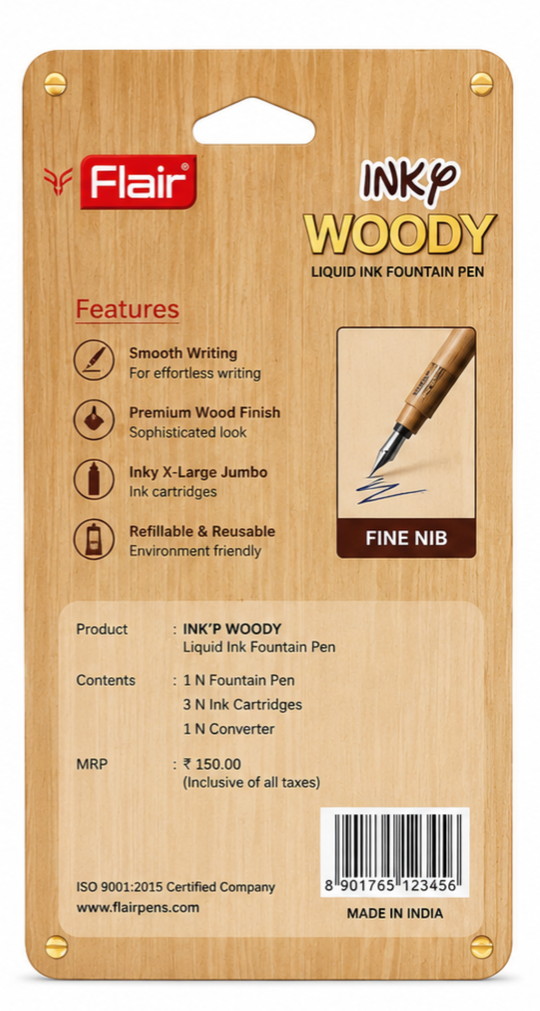Flair Inky Woody Liquid Ink Fountain Pen Set with Ink Cartridges