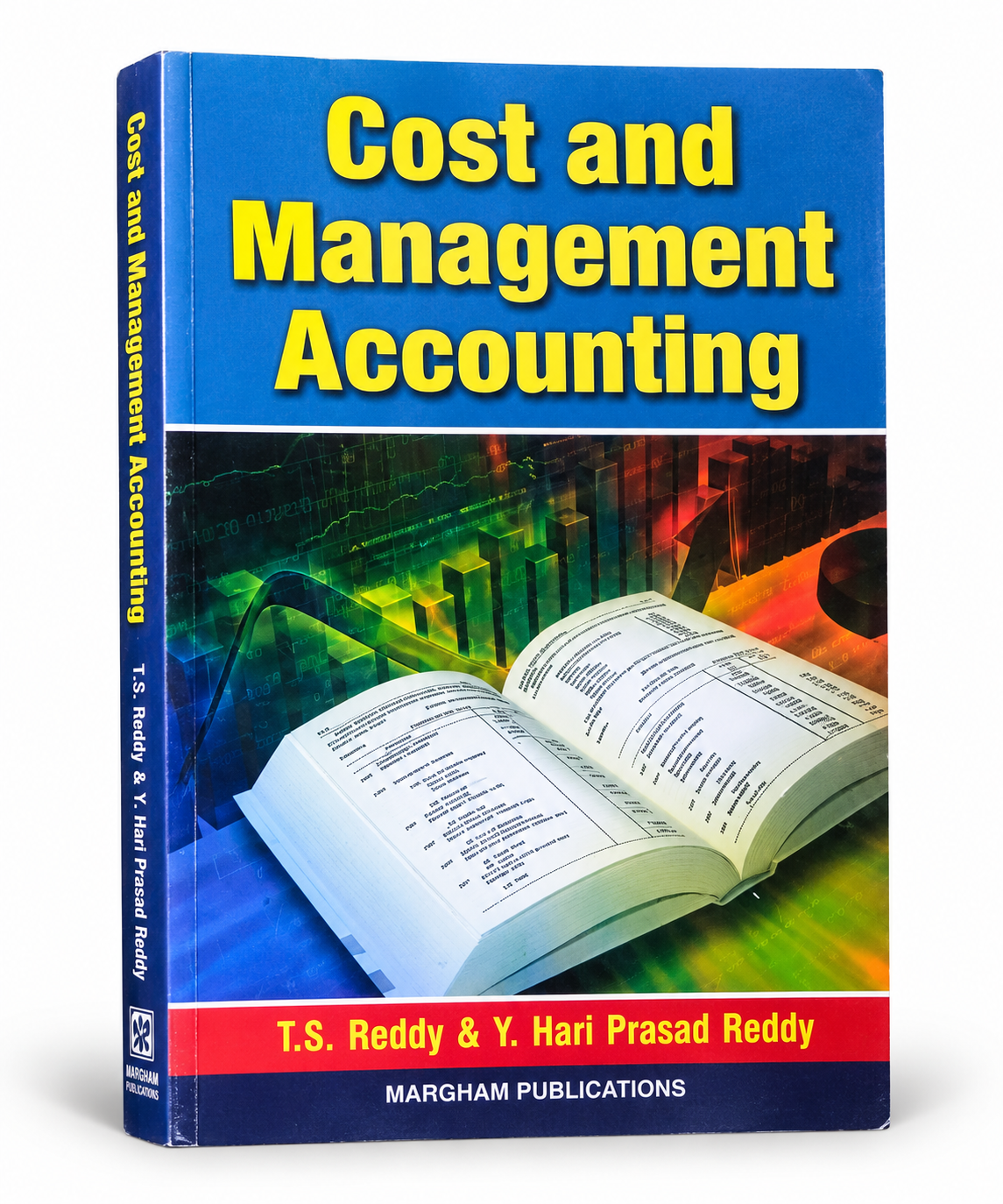 A 3D book cover mockup for 'Cost and Management Accounting' by T.S.
