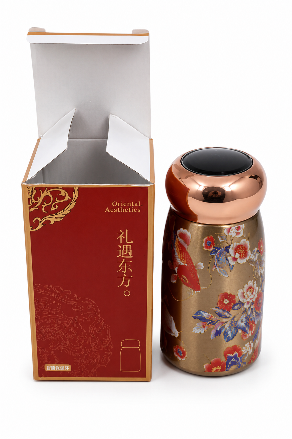 Premium stainless steel insulated vacuum flask bottle with elegant floral design, leakproof screw cap, and double-wall insulation for hot and cold beverages.