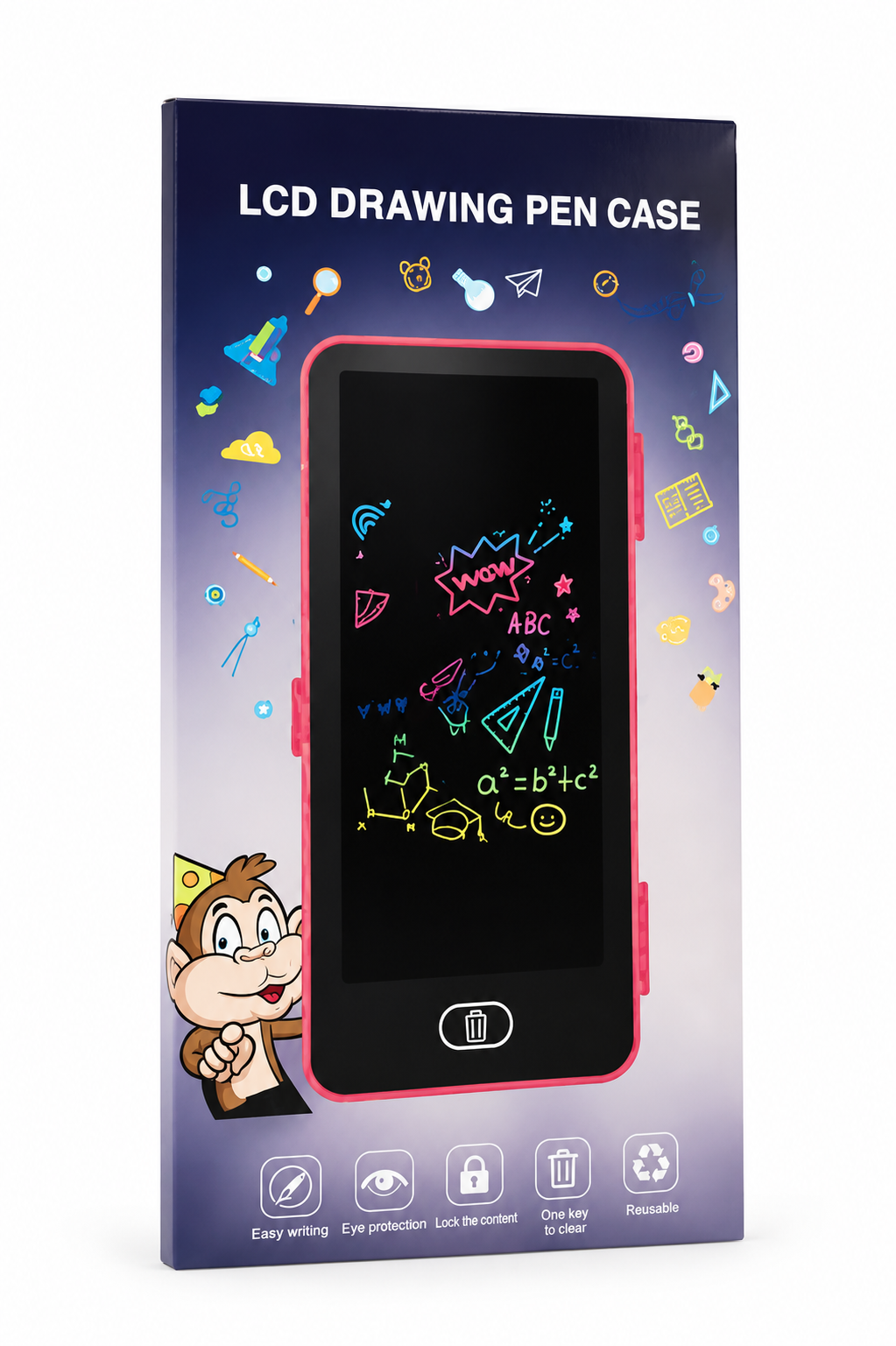 The retail packaging box for an LCD drawing pen case, featuring a black screen mockup with colorful scribbles and a cartoon monkey illustration on a purple gradient background.