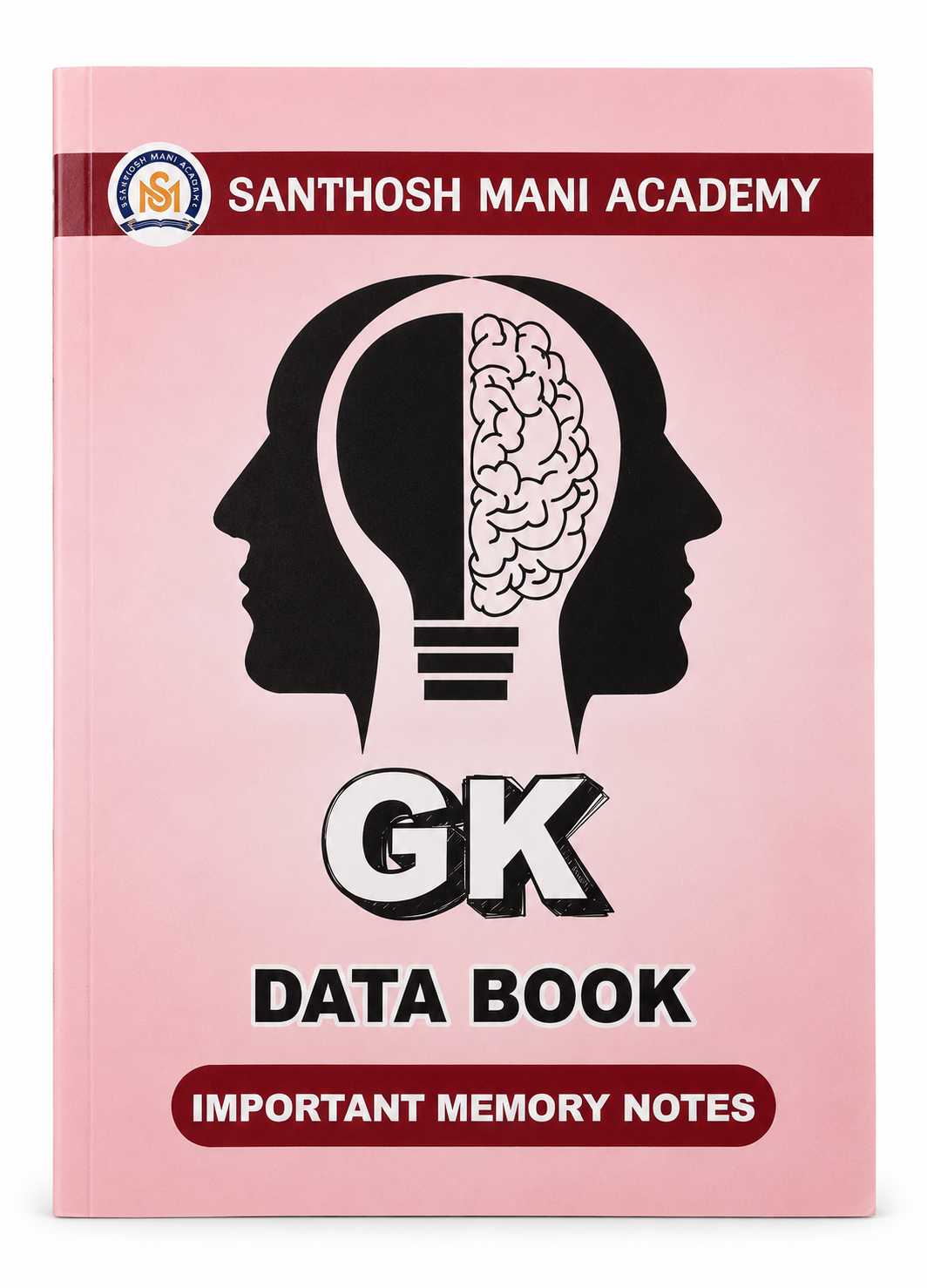 Santhosh Mani Academy GK Data Book with a pink cover, featuring a black silhouette of a head with a light bulb and brain graphic, and bold black text.