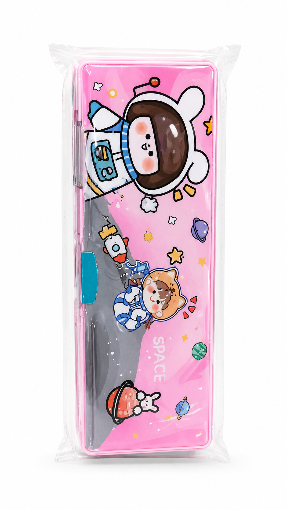 A pink cartoon pencil case with cute space-themed illustrations, including an astronaut dog and a cat in space suits, shown inside a clear plastic protective sleeve on a white background.
