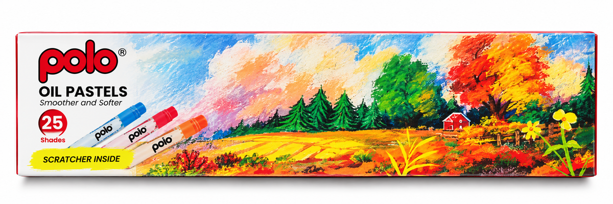 A box of Polo Oil Pastels containing 25 colors, featuring a colorful landscape illustration on the packaging.