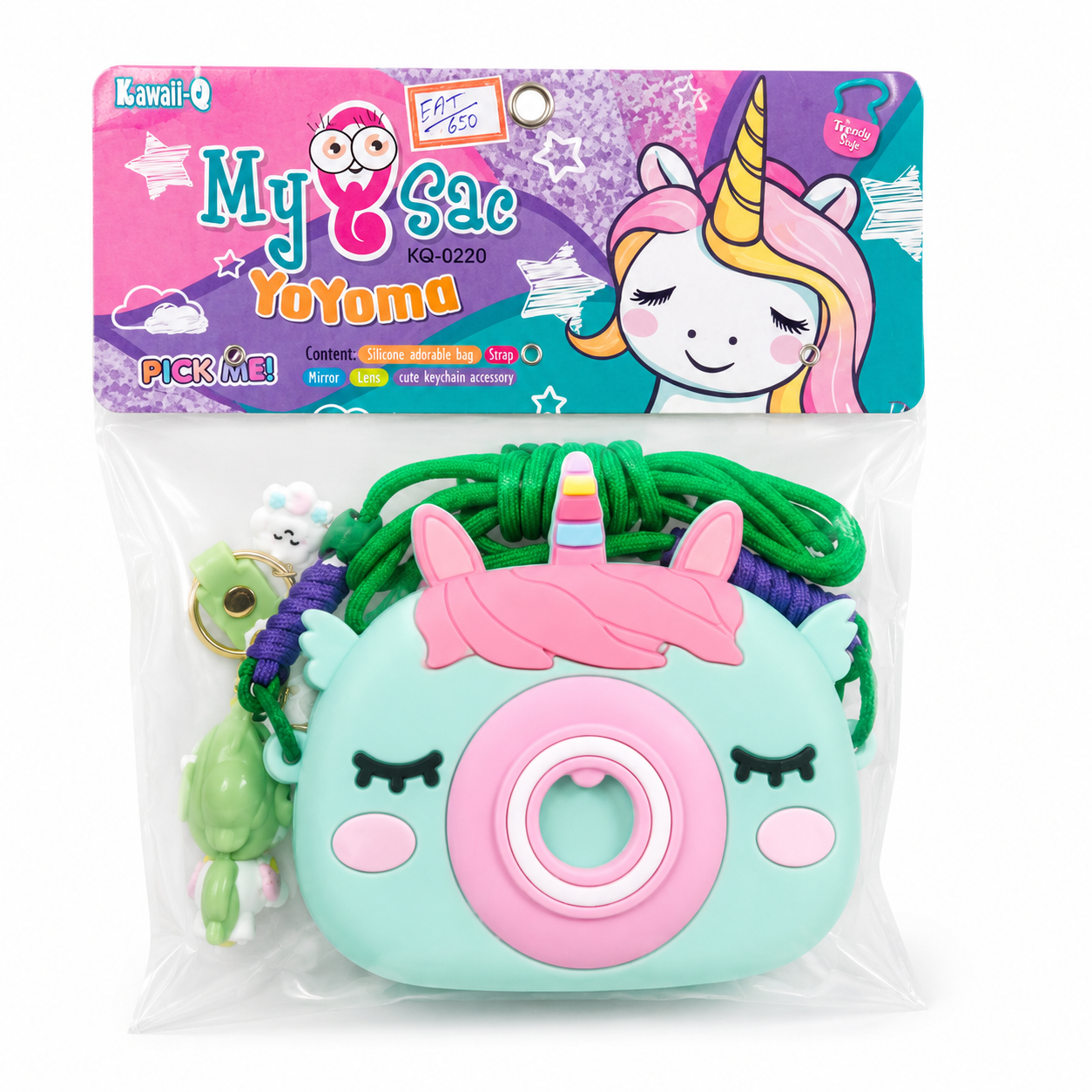 A packaged toy product labeled 'My Sac Yooma' by Kawall-Q, featuring a pastel mint and pink unicorn-shaped bag with a horn, closed eyes, and a green coiled strap, sealed in a clear plastic bag with a colorful printed header card.