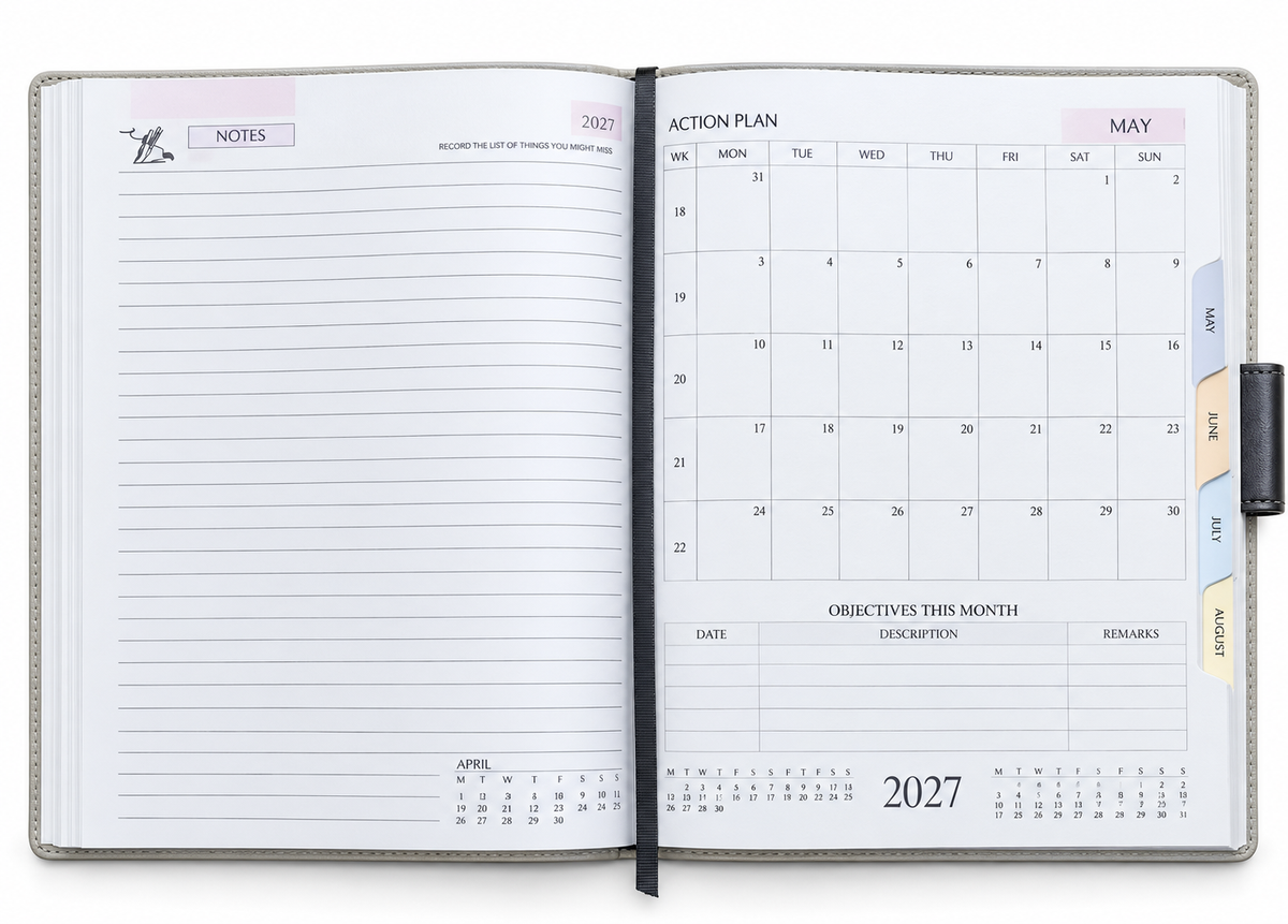 2027 Premium Executive Diary with Button Closure – Grey & Black
