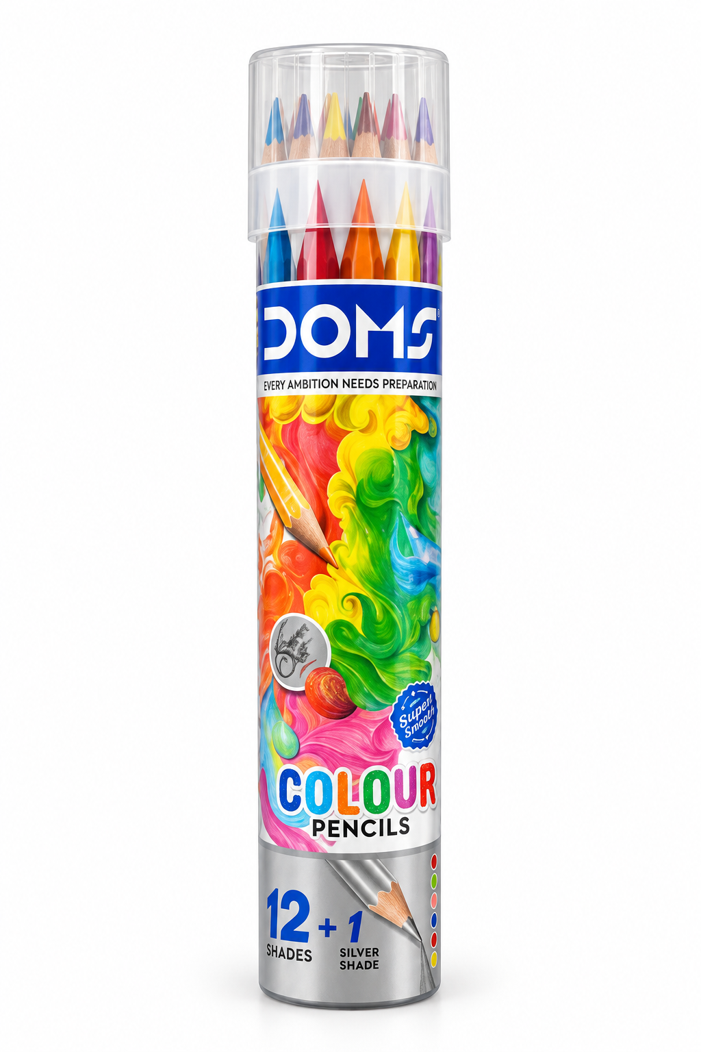 A 12-piece set of Doms Colour Pencils in a clear plastic barrel case with a colorful printed label, shown on a white background.