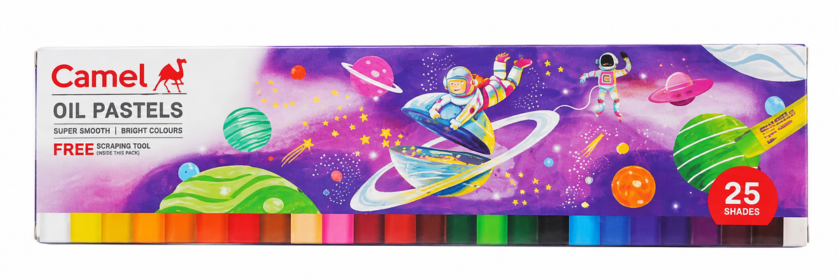 Camel Oil Pastels 25-shade set in a colorful space-themed box with illustrations of astronauts, planets, and stars, showing the pastel sticks in a row at the bottom.