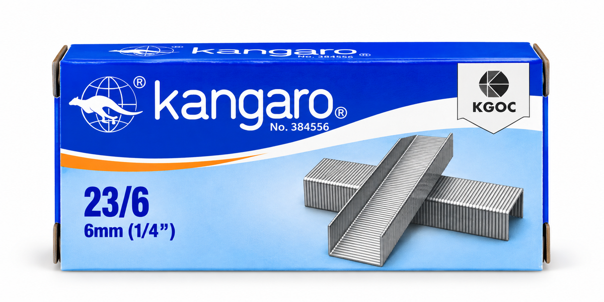 A box of Kangaro 23/6 6mm (1/4") staples on a plain white background. The packaging is blue and white with an orange accent line, featuring the Kangaro logo and KGOC certification mark.