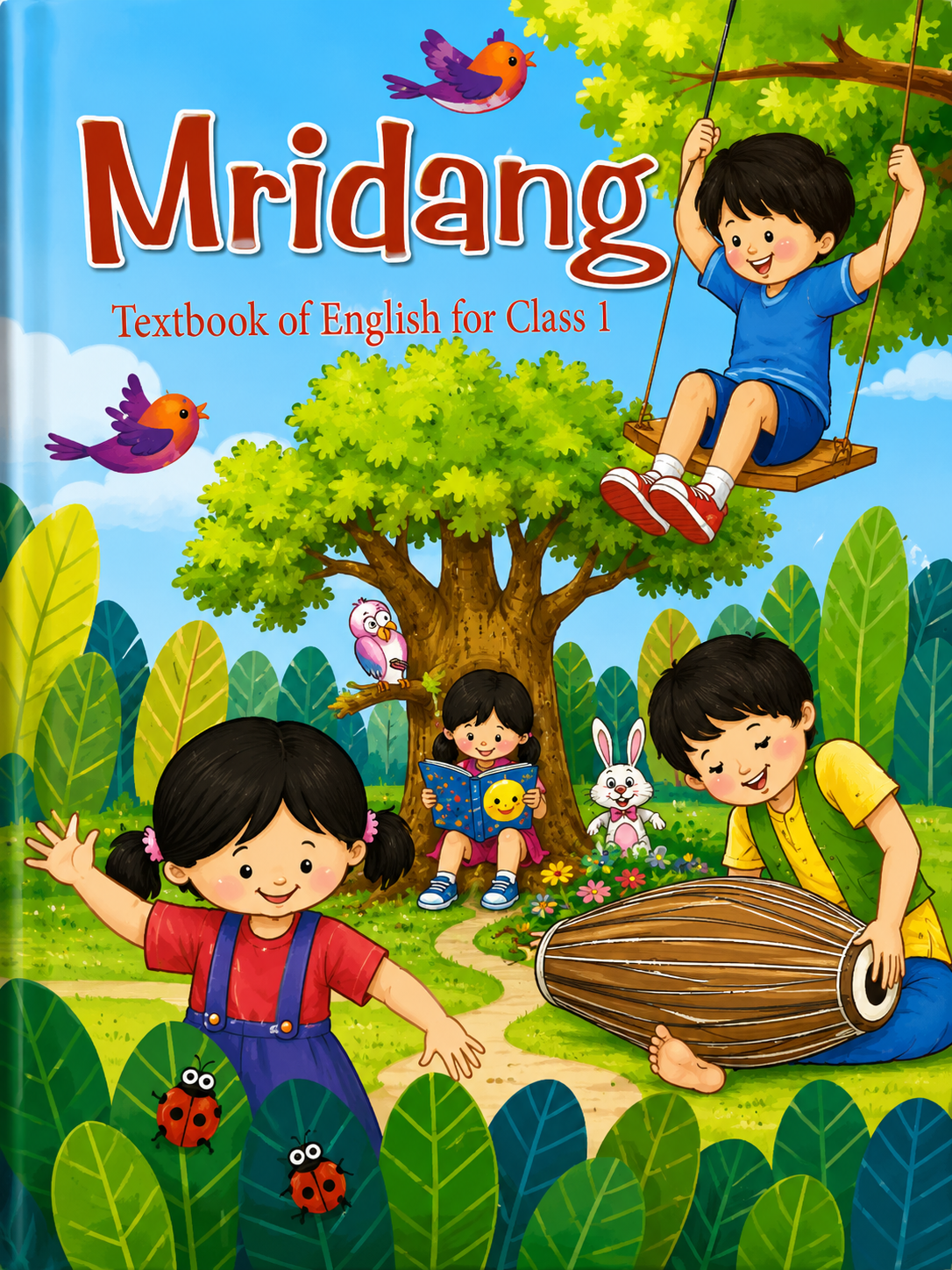 Textbook cover of English for Class 1 with children playing and a tree in the background