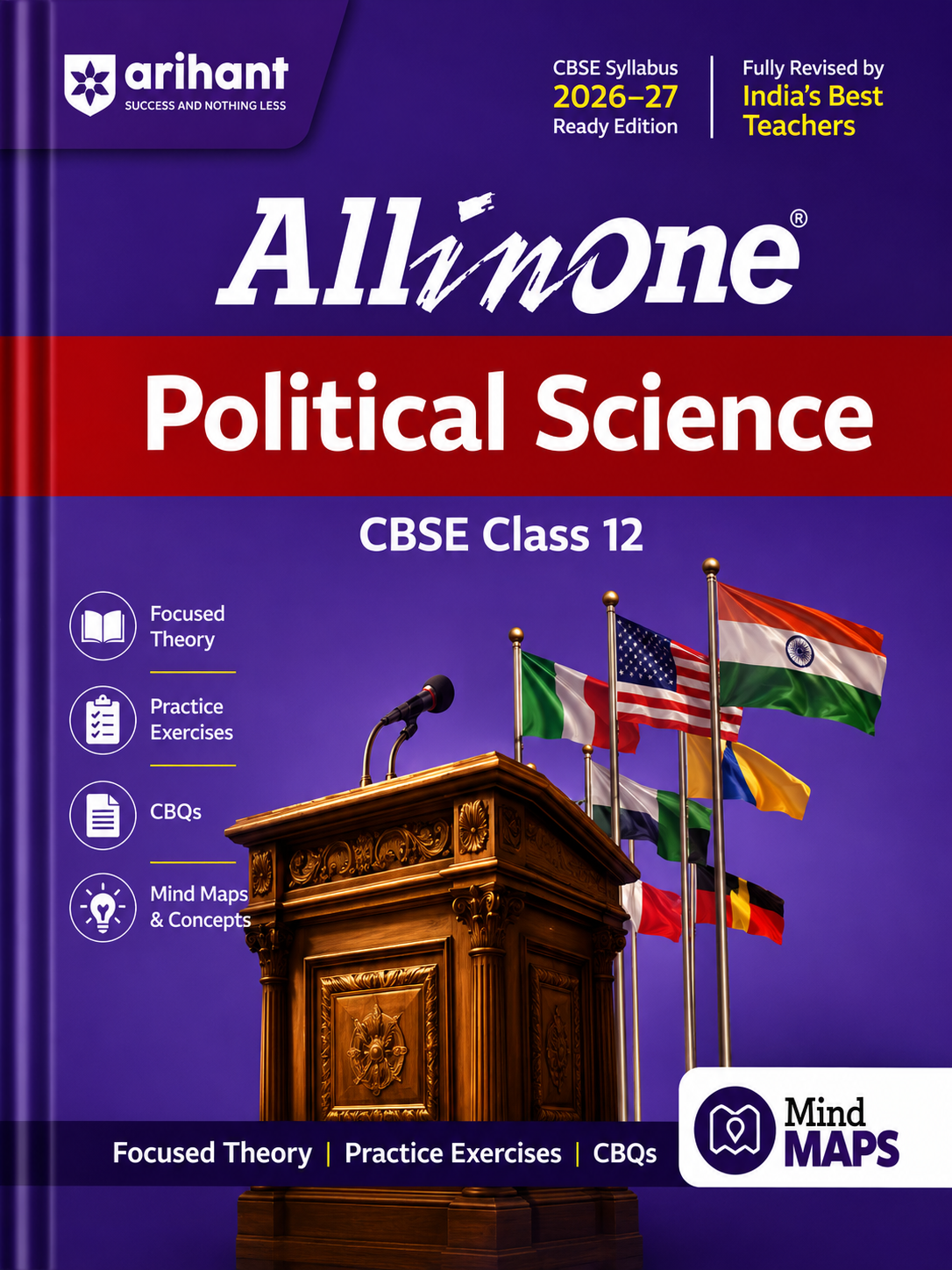 Book titled 'All in One Political Science CBSE Class 12' by Arihant with a podium and flags on the cover.