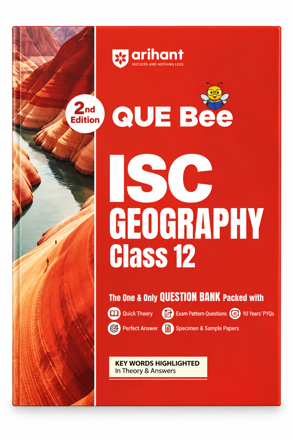Front cover of the Arihant Que Bee ISC Geography Class 12 Question Bank book, featuring a bright red cover with a canyon landscape photo on the left side and white text.