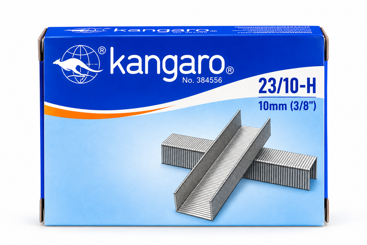 A box of Kangaro 23/10-H 10mm (3/8") self-piercing staples on a plain white background.