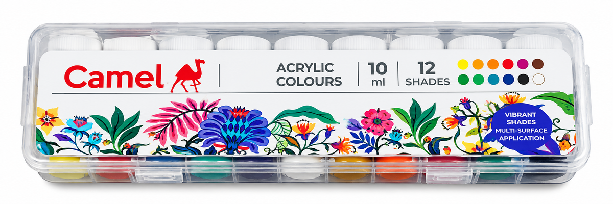 Camel 10ml acrylic paint set with 12 shades in a clear plastic case, featuring a colorful floral label and a color wheel on the front.