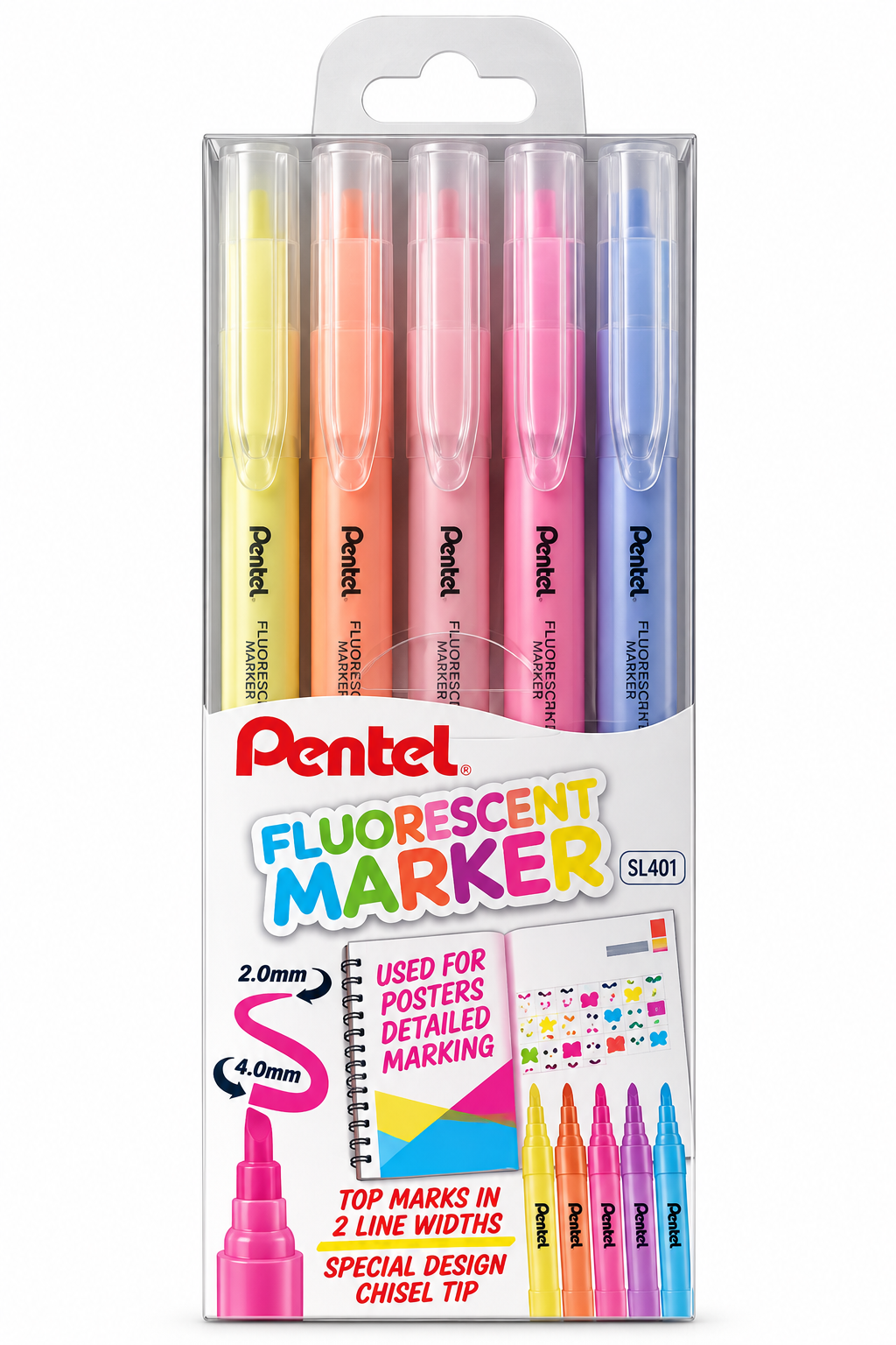 Pentel Fluorescent Marker set SL401 in a clear plastic blister pack with a white cardboard backing. The set contains five markers in pastel yellow, orange, pink, and blue, with the packaging showing sample markings on a notebook and poster.