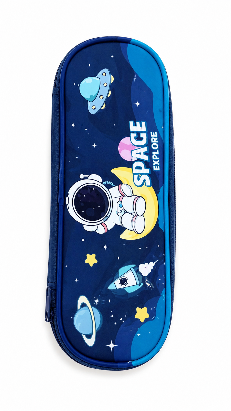 A blue zippered pencil case with a space-themed design, featuring cartoon astronauts, planets, stars, and the words 'SPACE EXPLORE' on a white background.