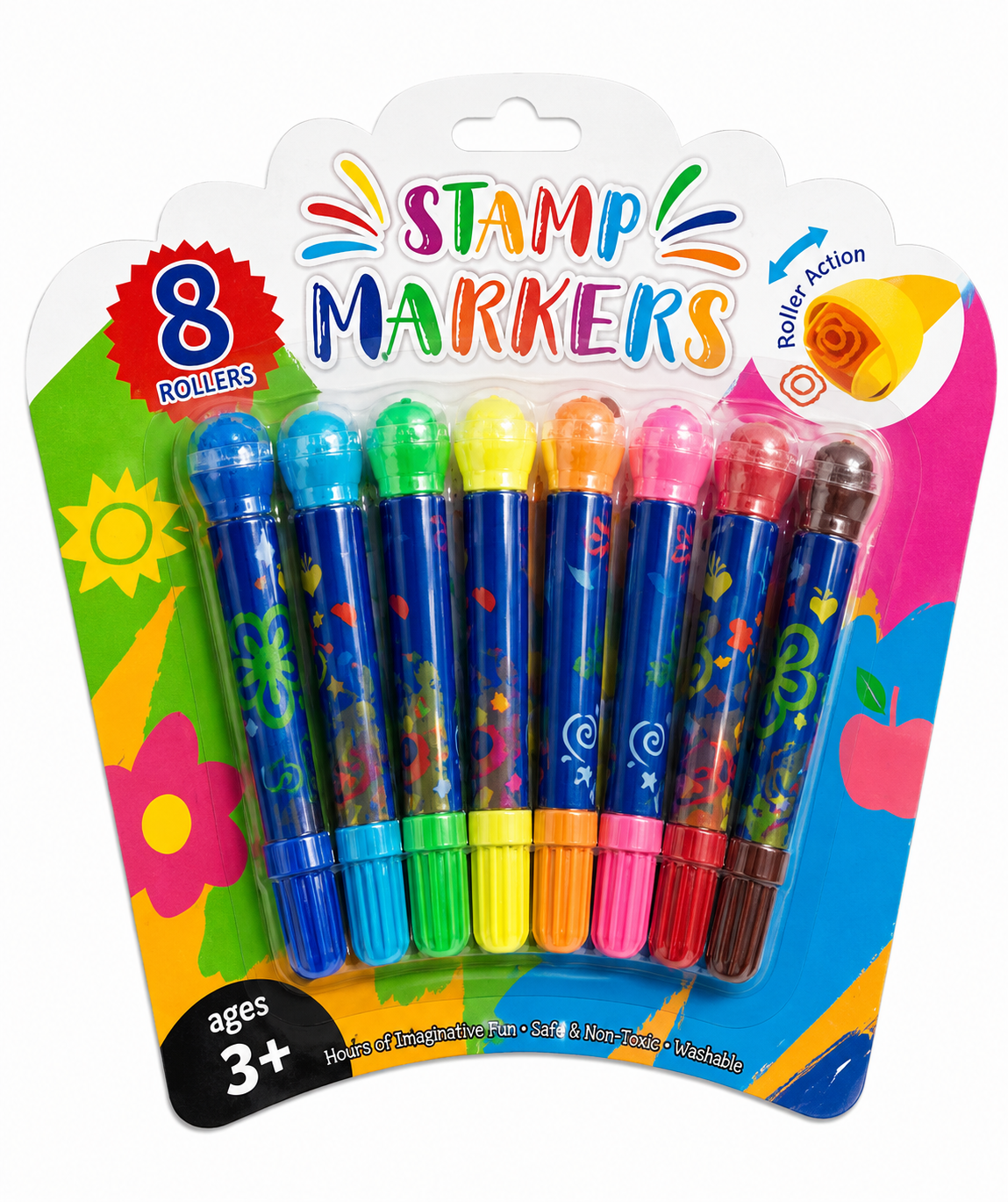 8 Piece Stamp Markers Set for Kids | Washable Roller Stamp Pens | Non-Toxic Coloring Markers (3+ Years)
