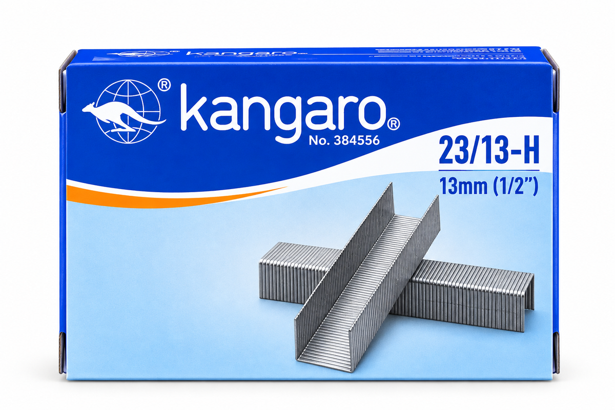 A box of Kangaro brand 23/13-H staples, 13mm (1/2") size, shown on a clean white background. The packaging is blue and white with an orange accent line, featuring a graphic of three silver-colored staples.