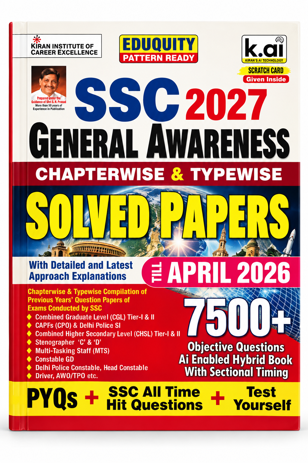 SSC 2027 General Awareness Solved Papers AI Enabled Hybrid Book cover by Eduity and k.ai, featuring a white, red, and blue design with yellow text and a globe graphic.