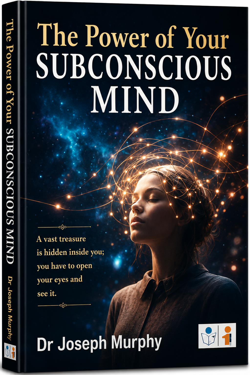Book cover for 'The Power of Your Subconscious Mind' by Dr. Joseph Murphy, featuring a dark cosmic background with a woman's face and glowing neural lines.