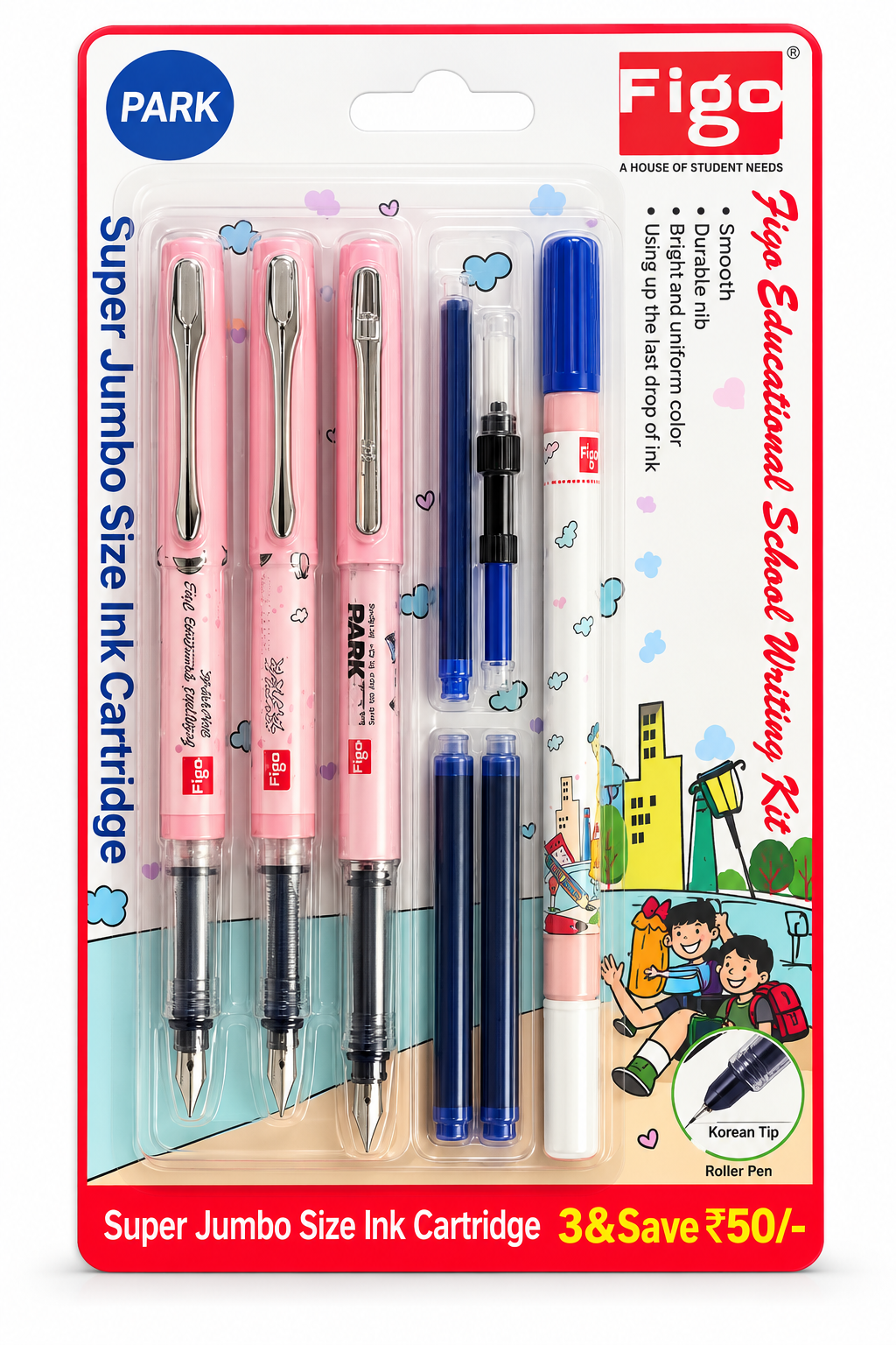 Figo Park Super Jumbo Size Ink Cartridge 3-pack school writing kit in retail blister packaging, featuring three pink gel pens, two blue rollerball pens, and a blue marker.