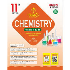Textbook cover for 11th Standard Chemistry with colorful design elements.