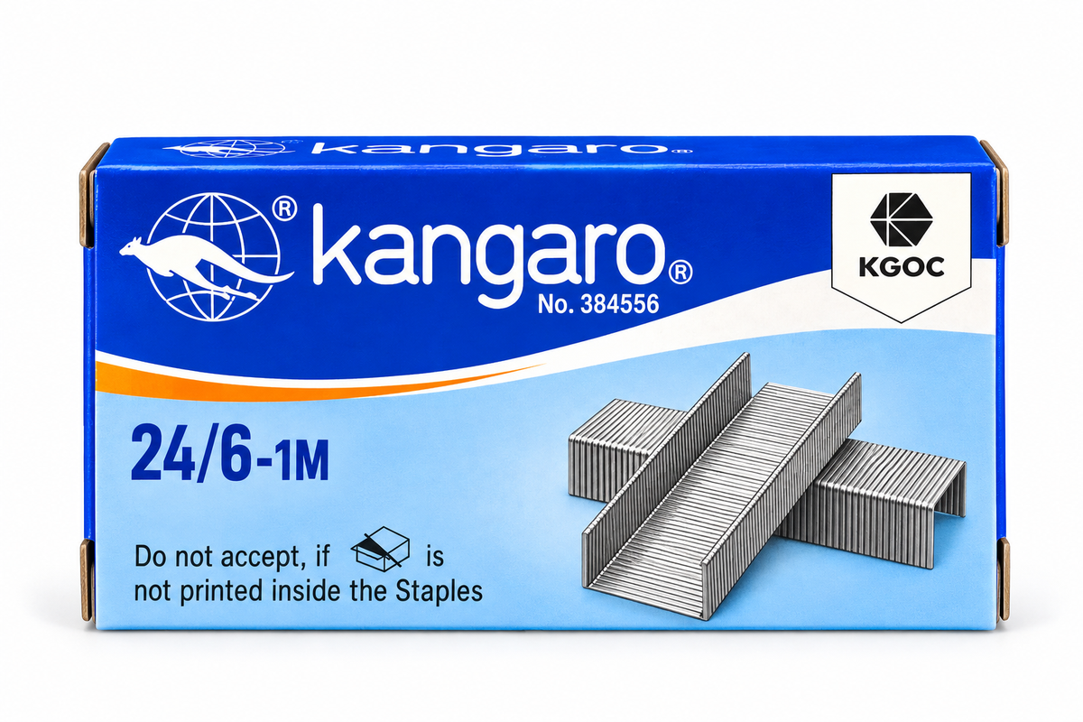 A box of Kangaro brand 24/6-1M steel staples on a clean white background. The packaging is blue and white with an illustration of silver steel staples.