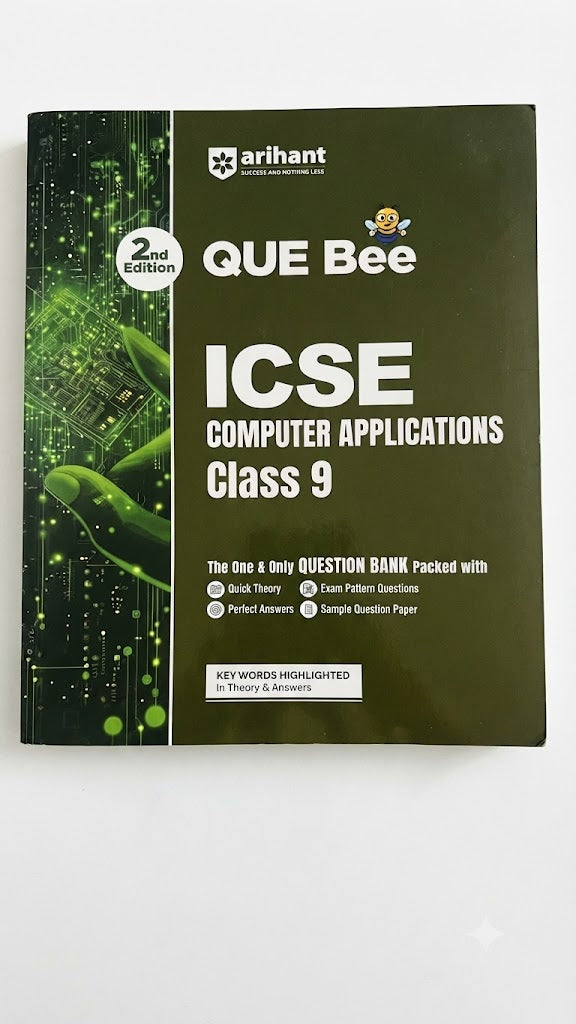 A hardcover book titled 'QUE Bee ICSE Computer Applications Class 9' by Arihant, shown on a plain white background. The cover is dark green with a black vertical band on the left featuring a green circuit board graphic.