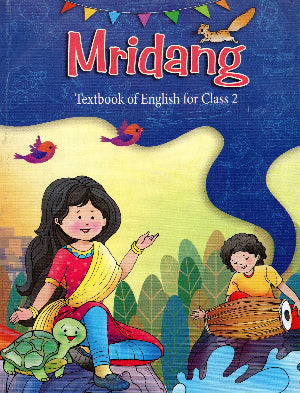 Textbook of English for Class 2 with illustrations of children and animals on a blue background