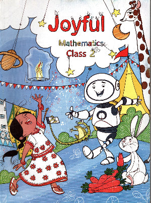 Book cover of 'Joyful Mathematics Class 2' with colorful illustrations of a girl, robot, rabbit, and giraffe.