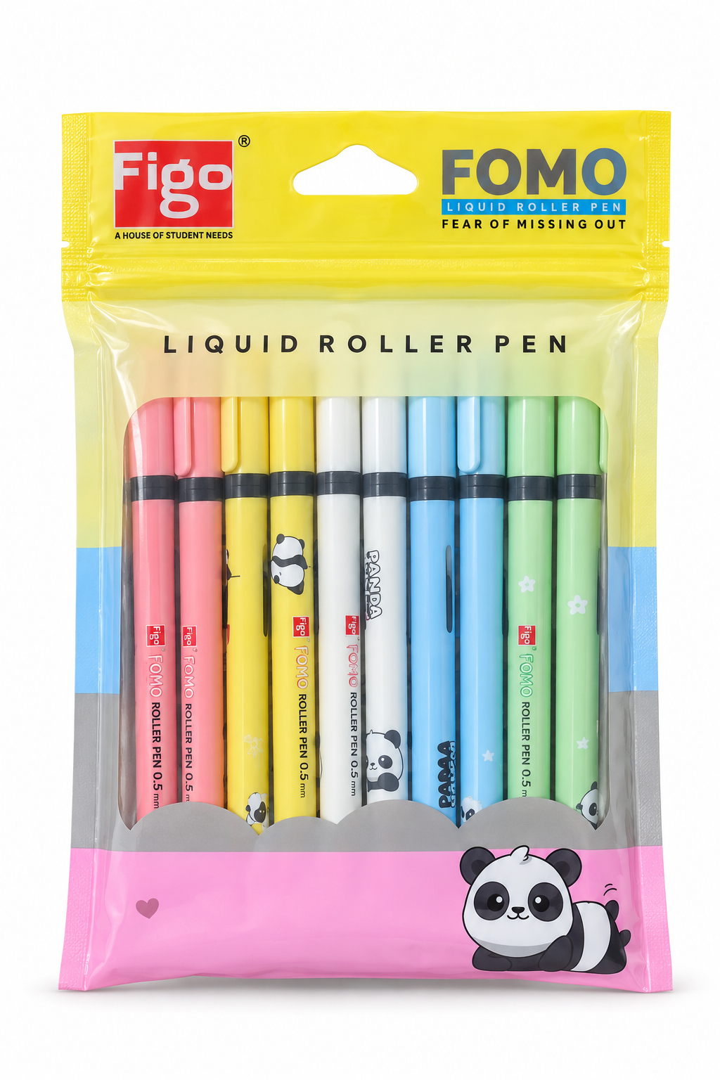 A 10-pack of Figo Fomo Liquid Roller pens in assorted colors, packaged in a clear plastic bag with a yellow and pink header card featuring panda illustrations.