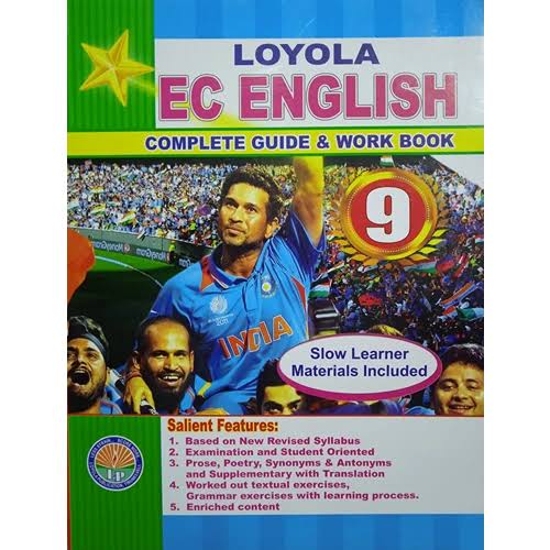 Loyola English Medium English Complete Guide and Workbook for Class 9 featuring prose, poetry, supplementary lessons, grammar exercises, vocabulary activities, workbook practice, slow learner support materials, and exam preparation content based on the Tamil Nadu State Board syllabus.